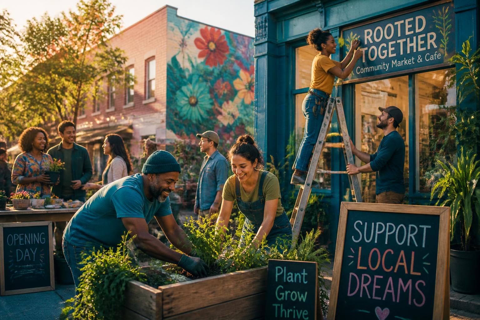Neighbors building and celebrating a local community market together